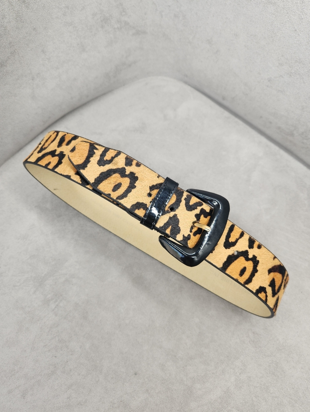 Leopard Print Belt S Tan Brown Calf Hair Leather Wide Mobwife Animal Cheetah